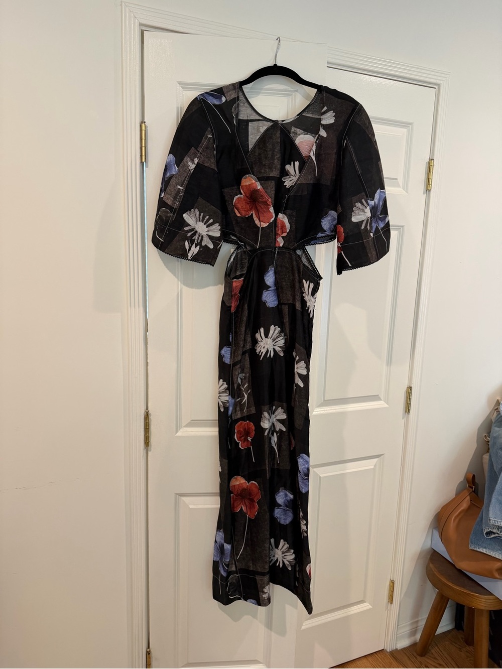 Ganni Women's Black Floral Maxi Dress with Red white & Blue Blooms